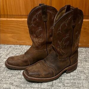 Double H Brown Leather Cowboy Boots with Stitch Detailing